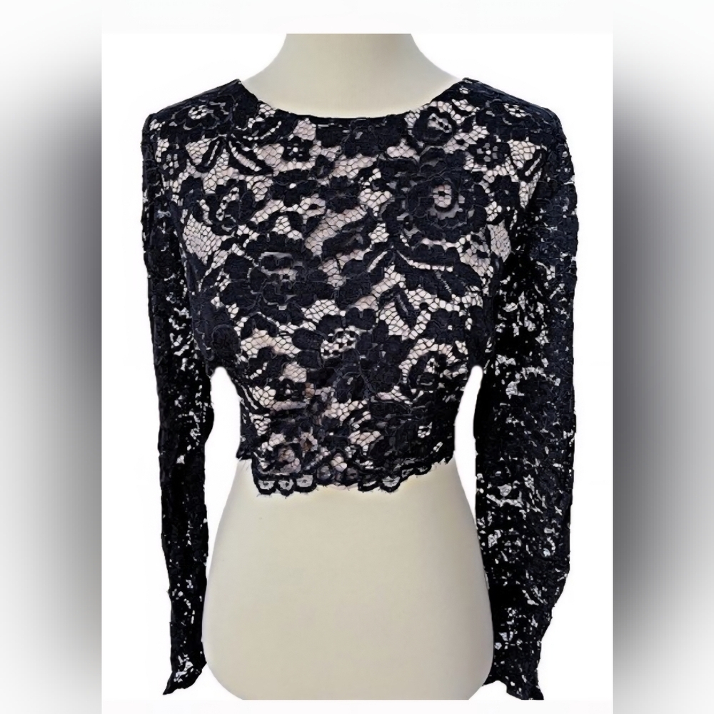 Aidan Mattox Black Lace Lined Crop Top With Long Unlined Lace Sleeves Size 10